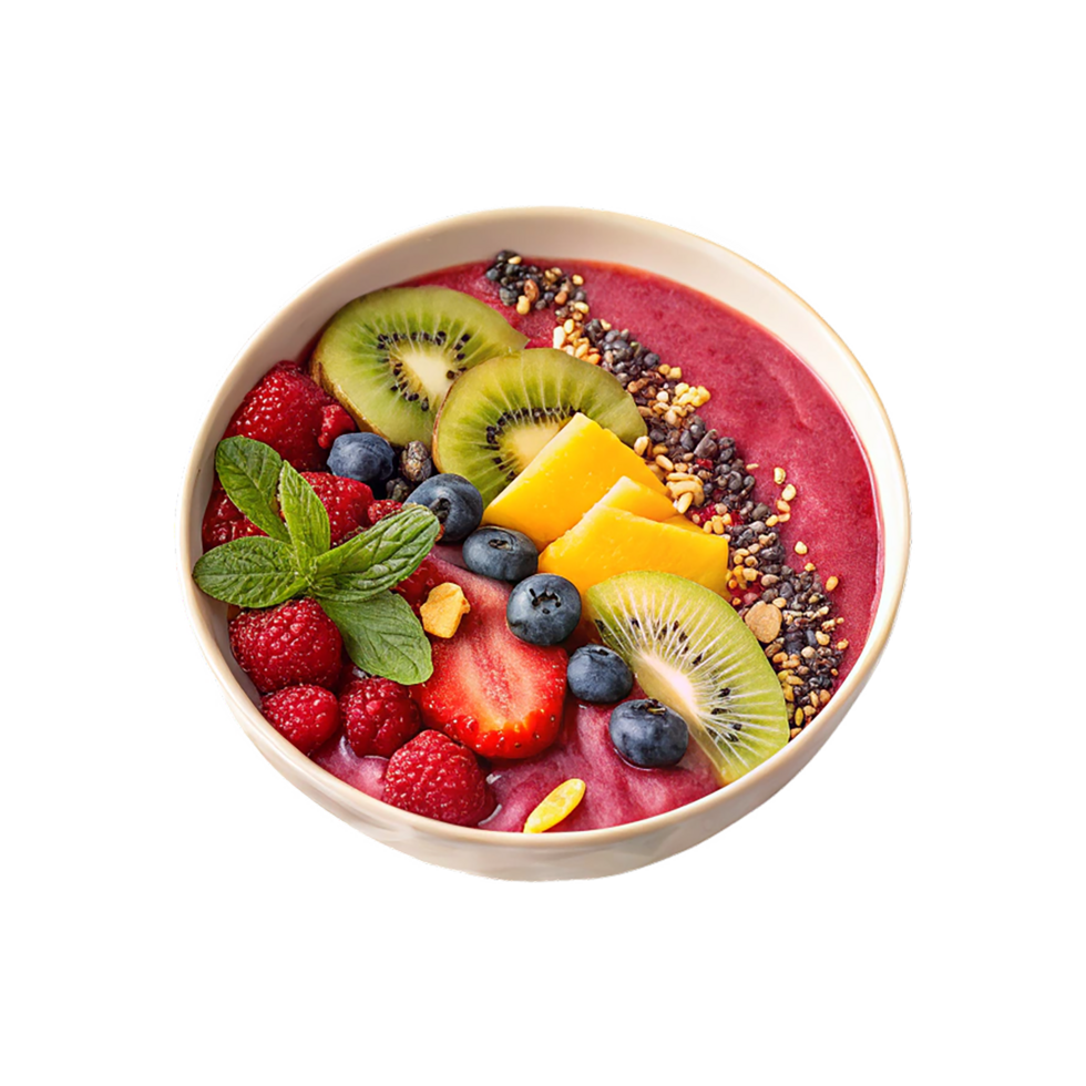 Fresh fruit salad in a bowl with strawberry, kiwi, orange, grapes, and berries is a healthy and sweet breakfast or snack png