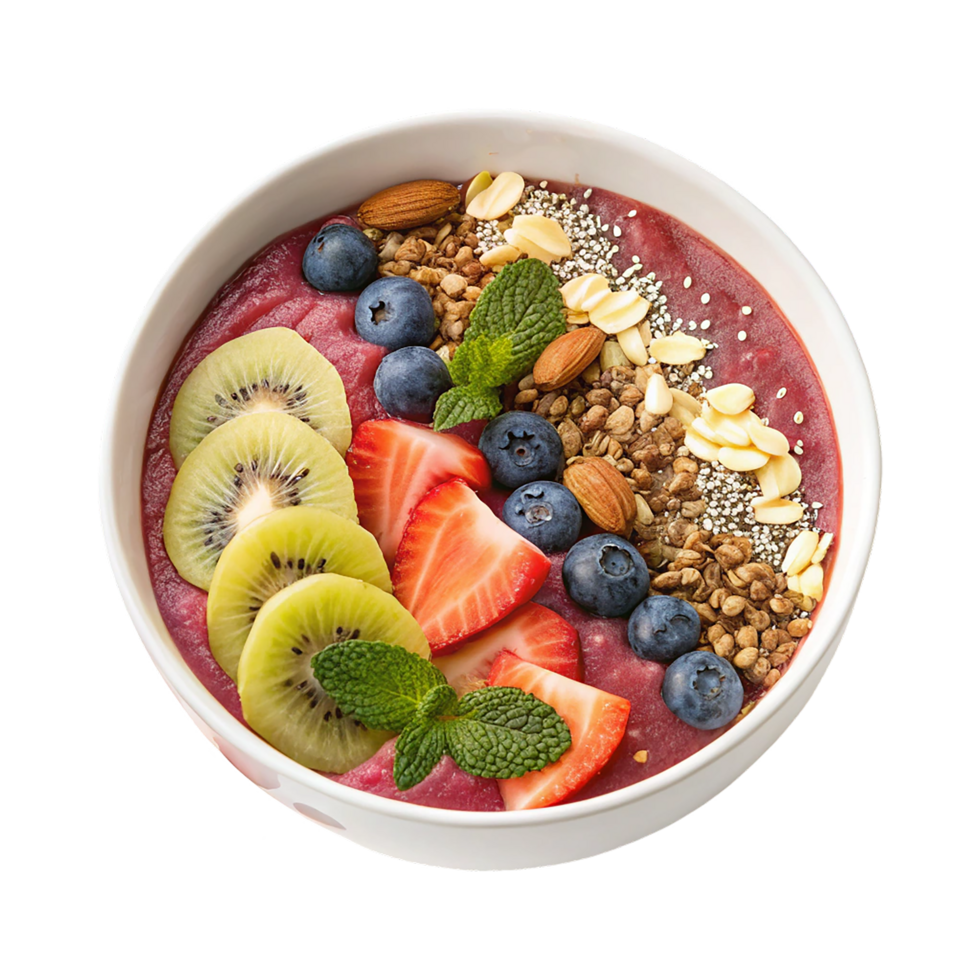 Fresh and delicious fruit salad breakfast bowl with strawberry, blueberry, and kiwi png