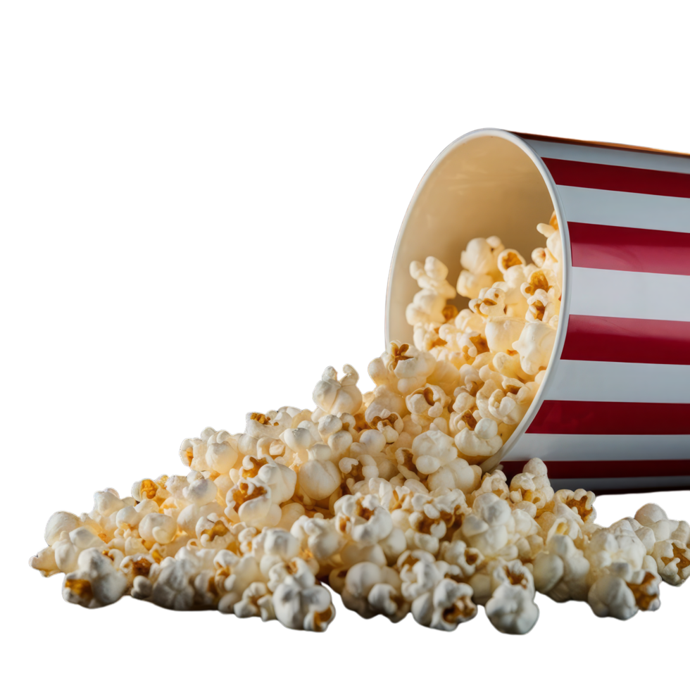 A red and white striped bucket and box, along with popcorn in a glass, showcase this delicious movie theater snack, box of popcorn, bucket of popcorn png