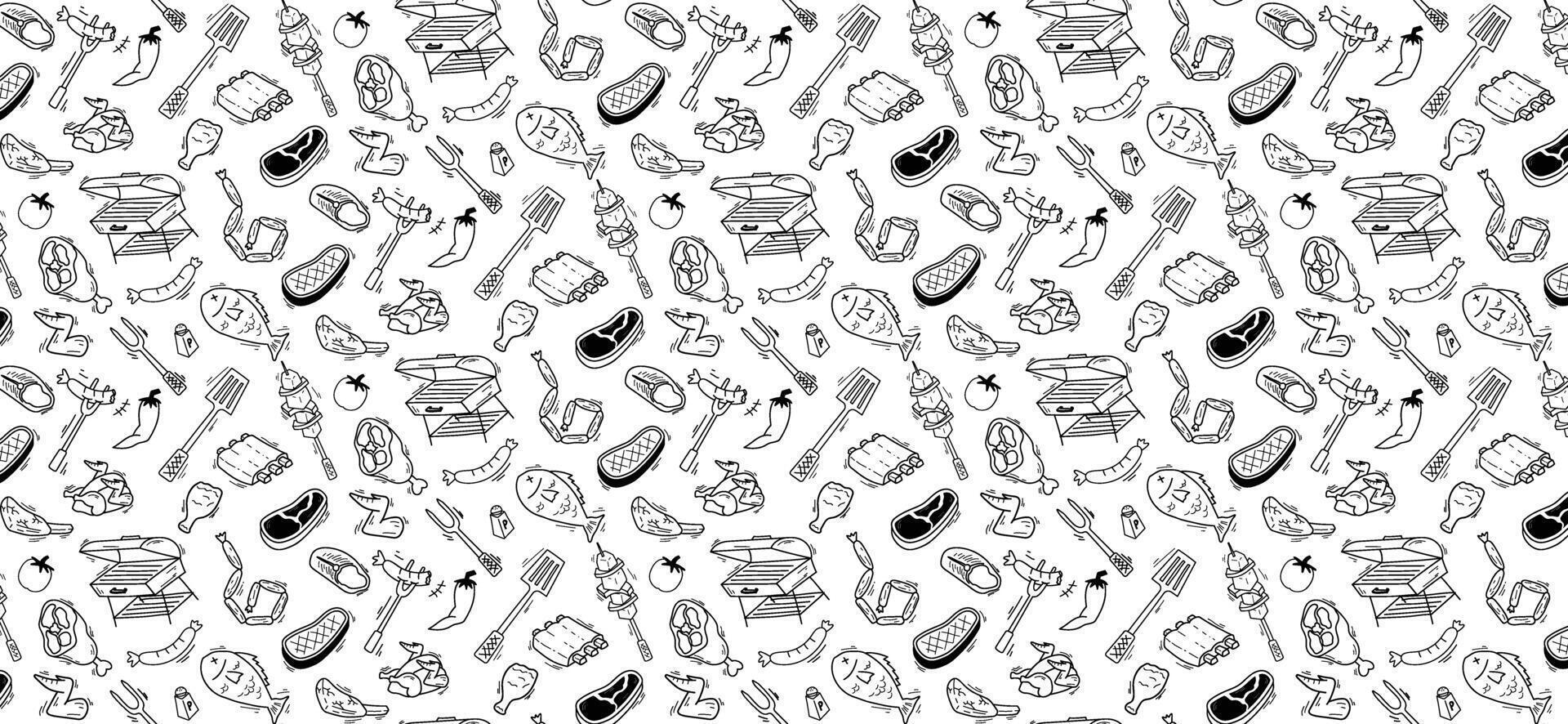 bbq steak beef doodle pattern background food barbeque party vector