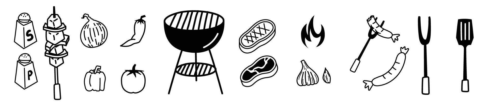 bbq doodle hand drawing barbecue, barbeque grill beef meat icon bundle vector