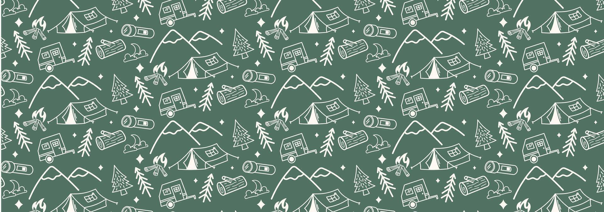 camp pattern green wild mountain doodle hand drawing pattern background vector