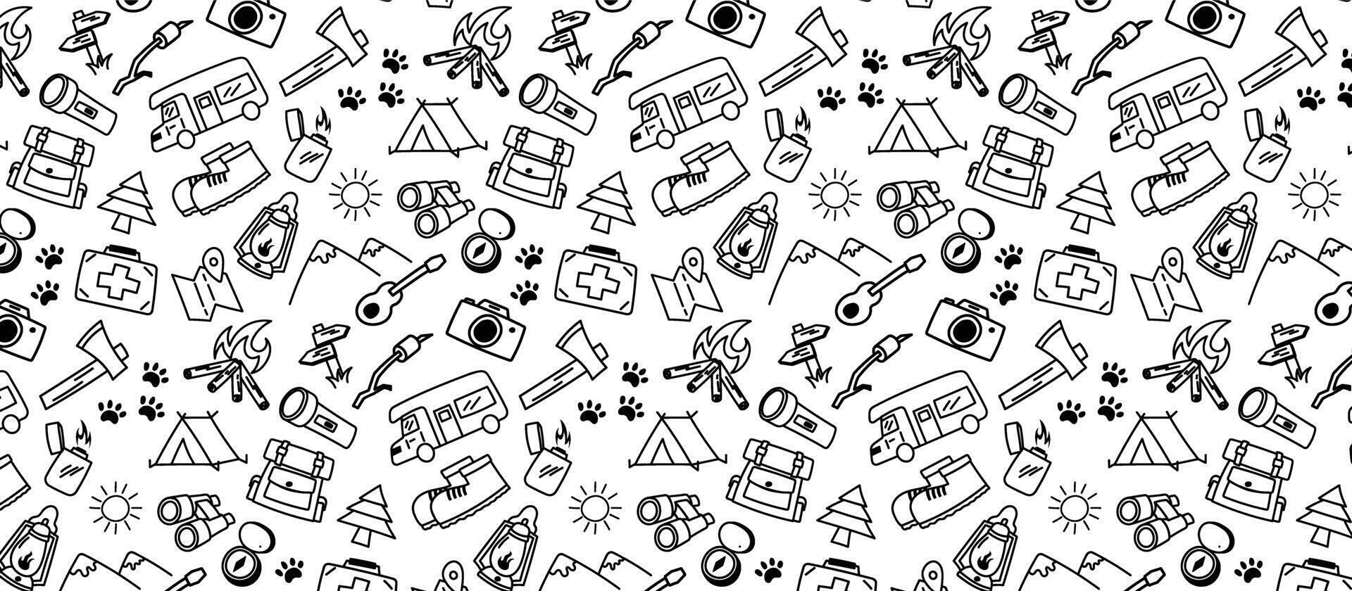 camping pattern background doodle hand drawing hobby hiking mountain drawn sketch vector