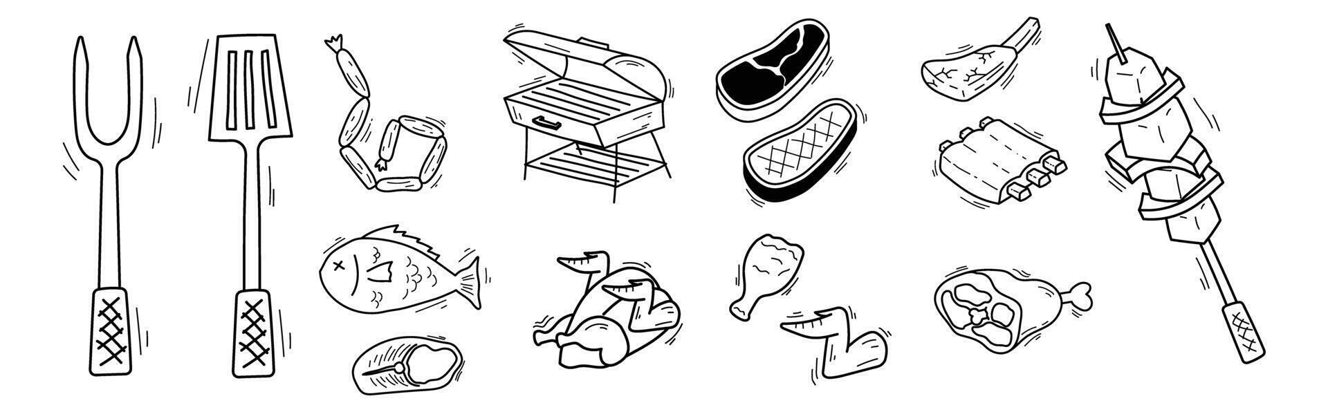 steak meat beef fish chicken grill bbq barbeque doodle hand drawing vector
