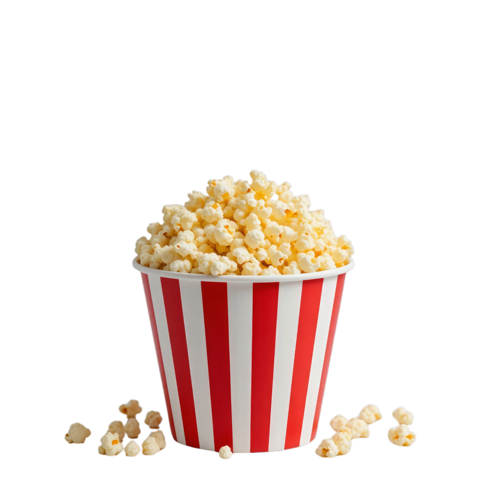 A red and white striped bucket and box, along with popcorn in a glass, showcase this delicious movie theater snack, box of popcorn. png