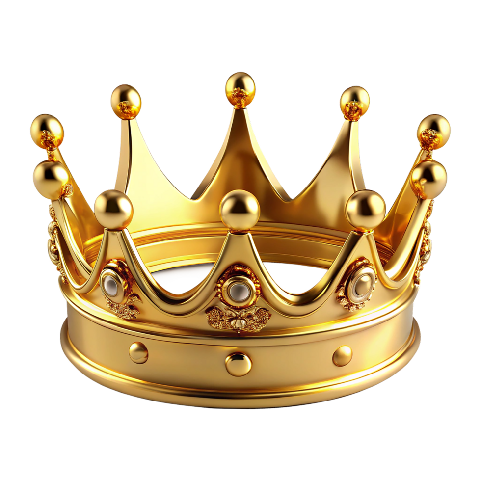 A golden crown, a 3D symbol of royal authority and luxury, adorned with shiny gems, fit for a king or queen of the kingdom png