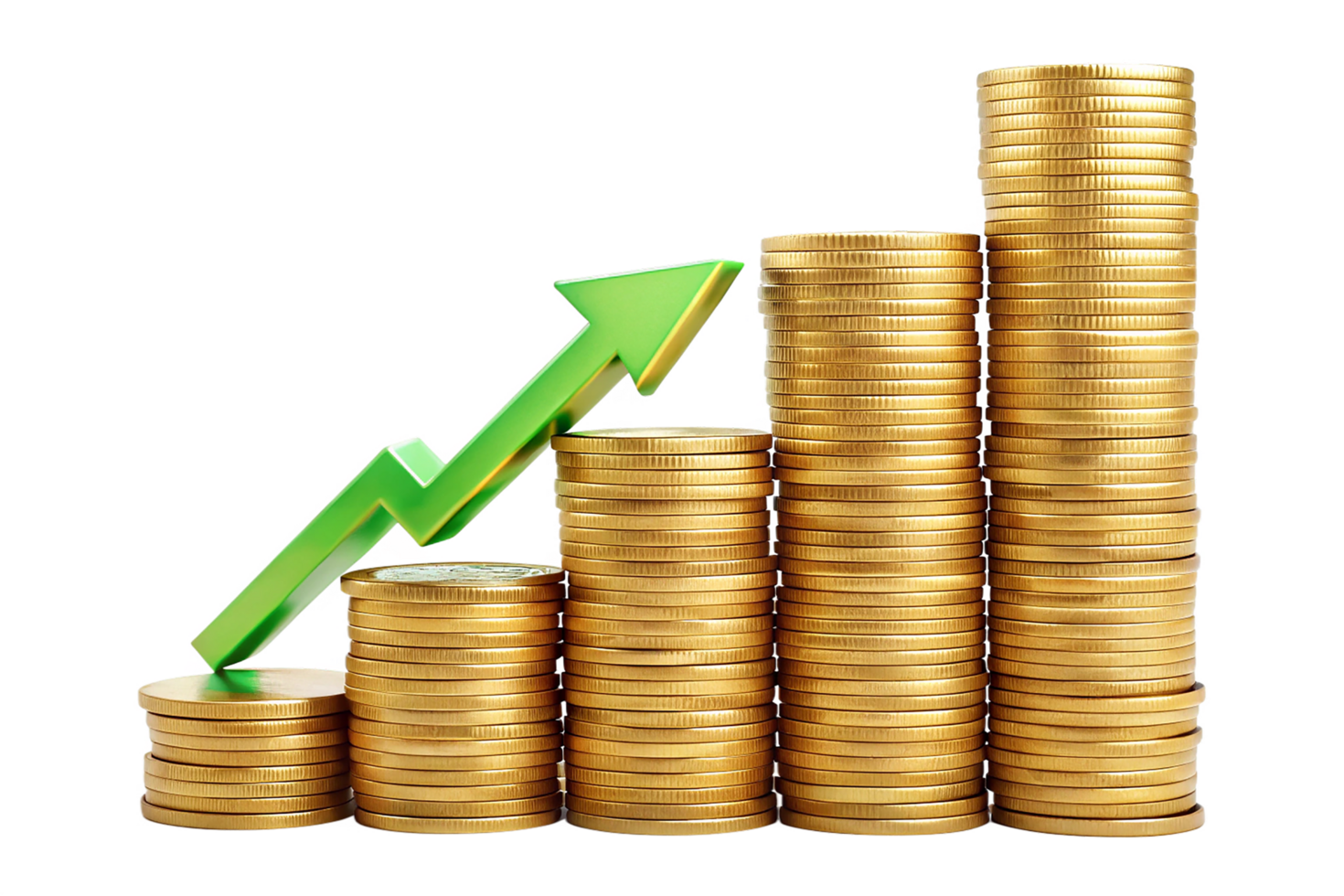 Golden coins stacked beside a rising graph signify business growth and financial success in the market. green plant growing on coins, gold coins and graph png