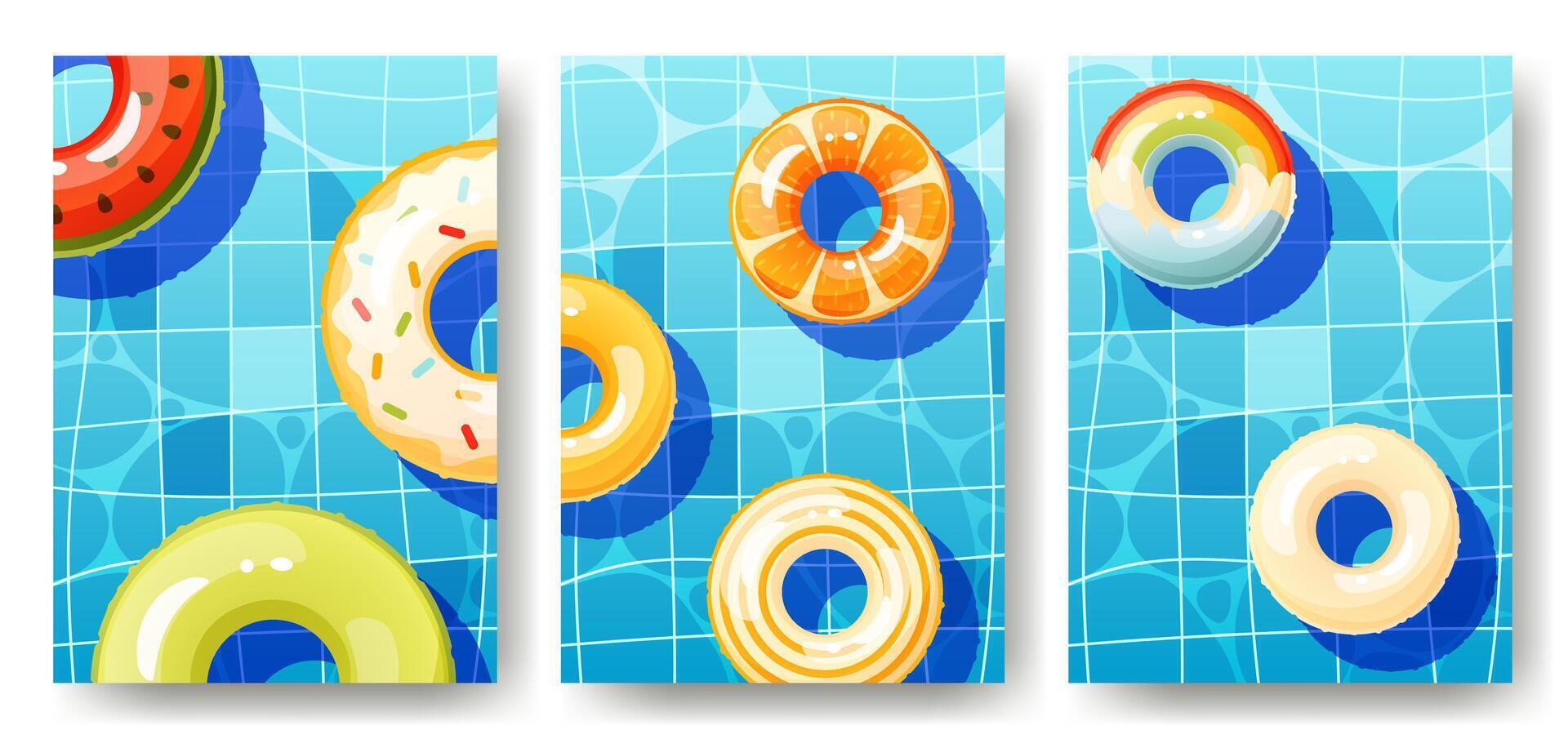 Set of three summer pool backgrounds with space for text, poster, invitation, playbill. Multicolored inflatable circles floating on the surface of the water, top view. Lifebuoy for the ocean, sea. vector