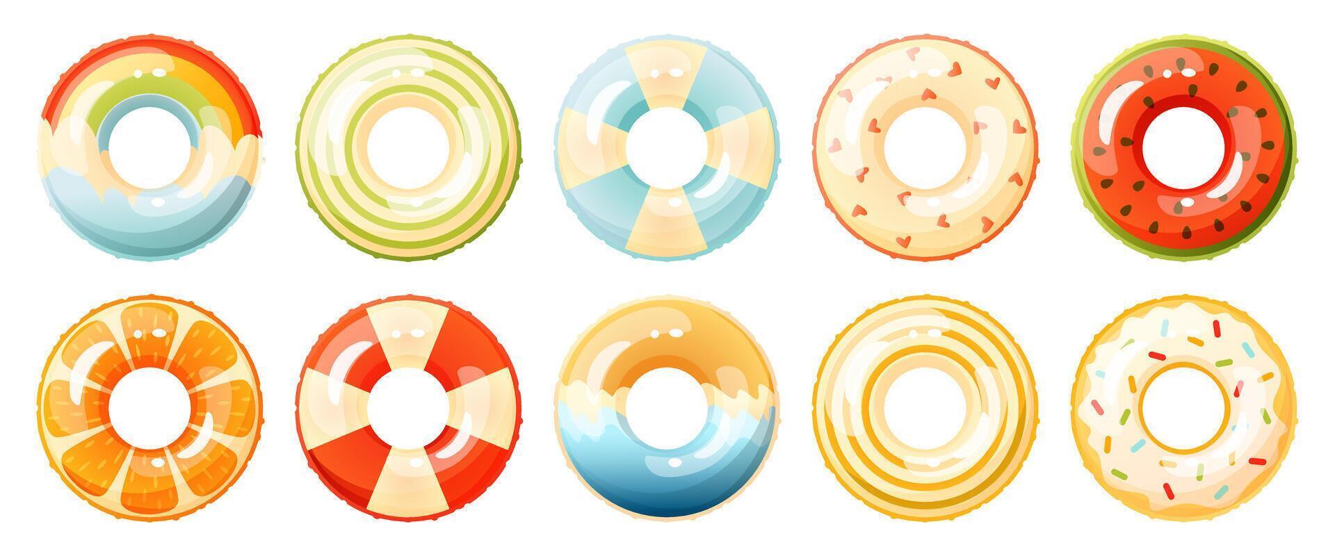 Set of different colored inflatable swimming rings. Bright lifebuoy, inflatable float toy. Summer accessory for swimming on the beach, in the pool. vector