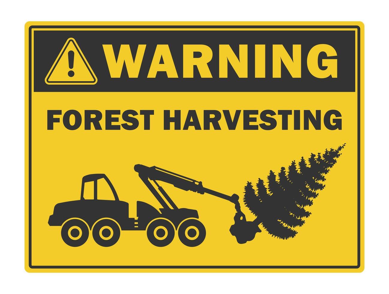 Forest harvesting warning. Log harvester icon symbol Shape. Timber logger machine logo sign. Woodworking industry. illustration image. Isolated on white background. vector