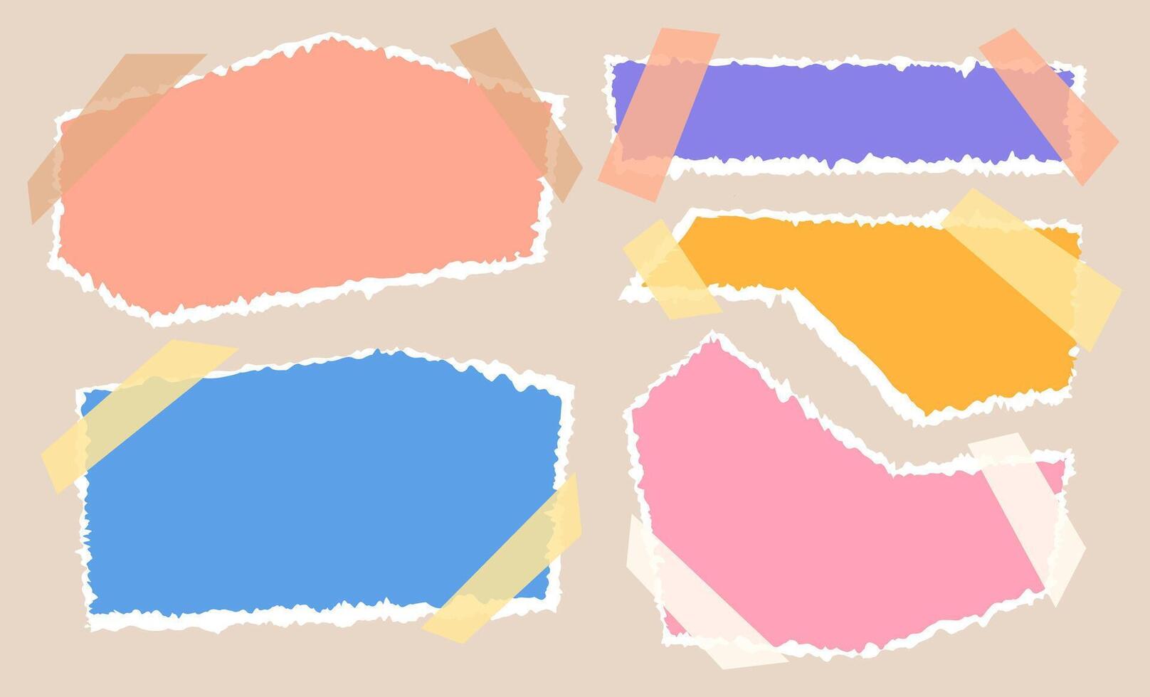 Torn Paper Sheets set with Scotch Tape. Contemporary Art Collage Colorful Sheets. Ripped paper strips set. vector