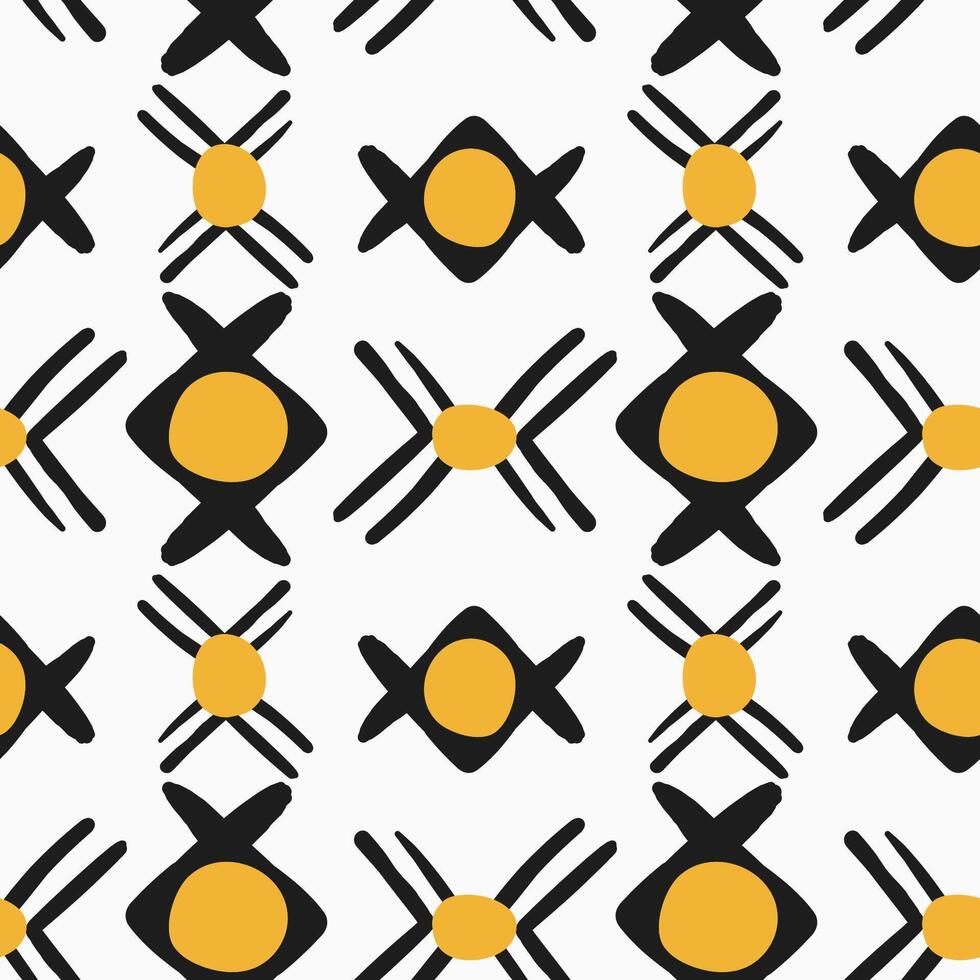 Boho Geometric Seamless Pattern in Black and Yellow Colors on White Background. Hand drawn modern pattern for textile, fabrics, wrapping paper vector