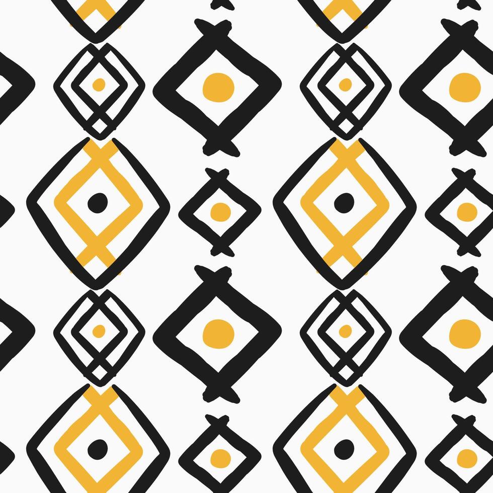 Boho Geometric Rhombus Seamless Pattern in Black and Yellow Colors on White Background. Hand drawn modern pattern for textile, fabrics, wrapping paper vector