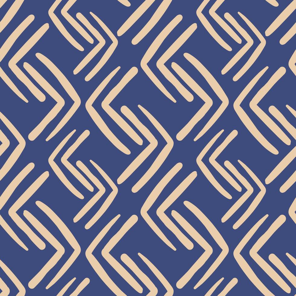 Hand draw geometric chavron seamless pattern, beige and blue colors. Abstract boho geometric lines pattern for fabrics, wrapping paper vector