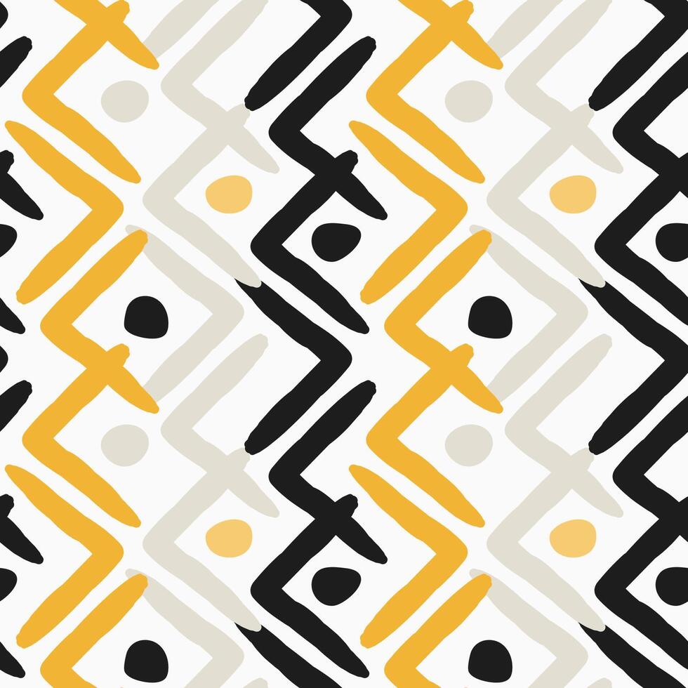Boho Geometric Lines Seamless Pattern in Black and Yellow Colors on White Background. Hand drawn modern pattern for textile, fabrics, wrapping paper vector