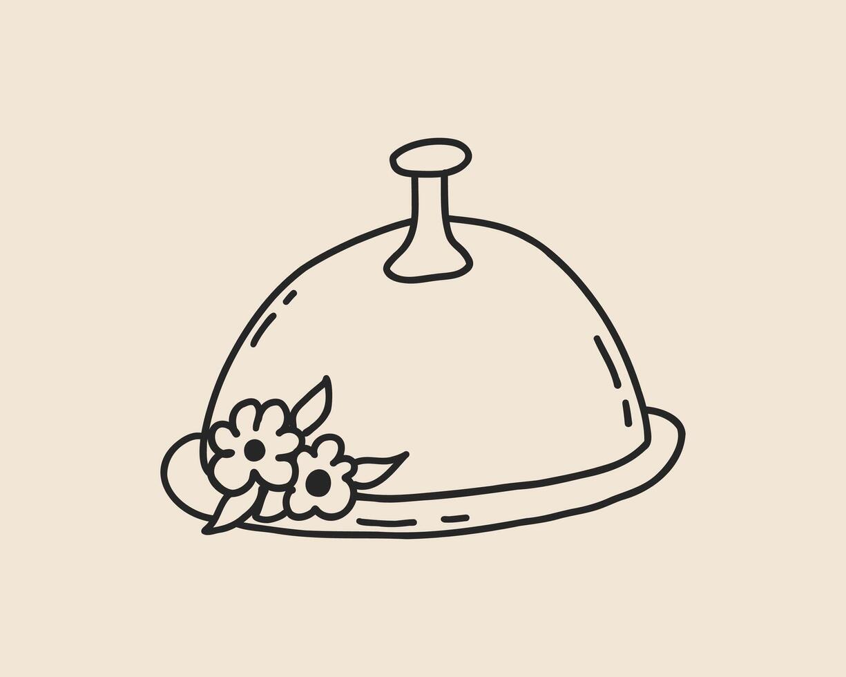 Line art doodle serving cloche. Coquette whimsical food tray icon. Restaurant dinner dish service outline illustration vector