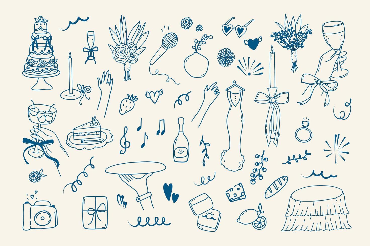 Set of line art wedding whimsical icon isolated. Coquette trendy hand drawn valentine doodle sketch. Vintage amore angel quirky bow, party menu, dinner card outline illustration vector