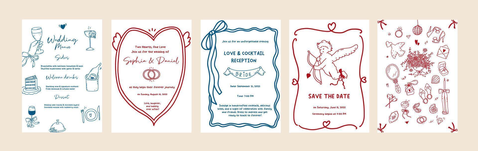 Set of line art wedding invitation card template. Coquette whimsical hand drawn frame, border, decoration design. Minimal cupid, wavy border, banquet table card outline illustration vector