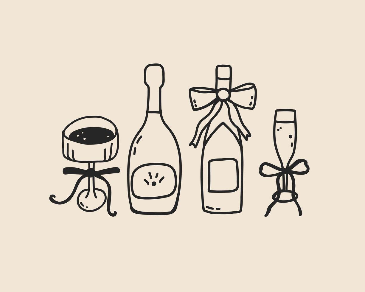 Set of line art wine glass, bottle of champagne isolated. Hand drawn whimsical vine glass. Coquette trendy glass outline illustration vector