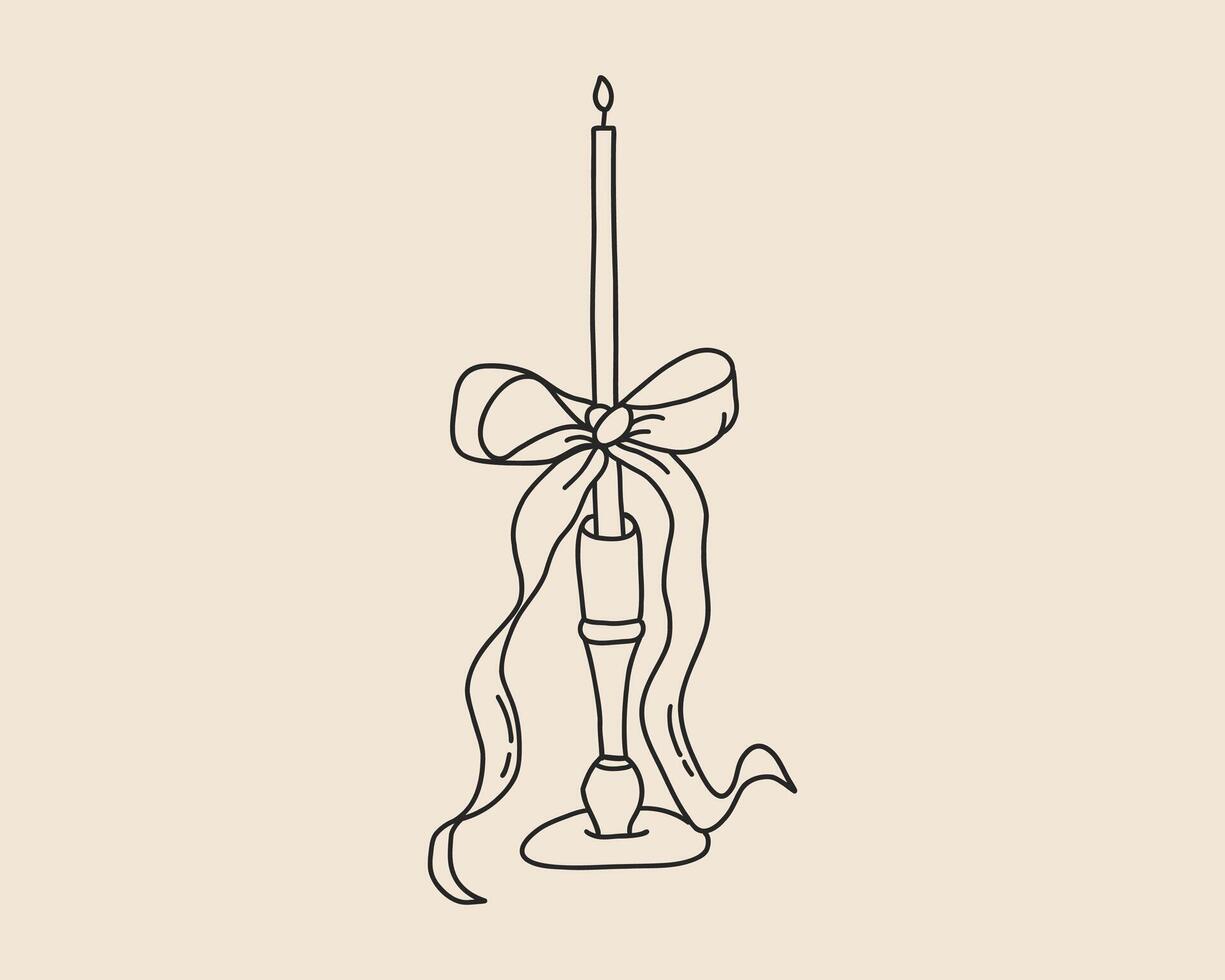 Hand drawn coquette candle with bow. Line art doodle sketch for Christmas, wedding design template outline illustration vector