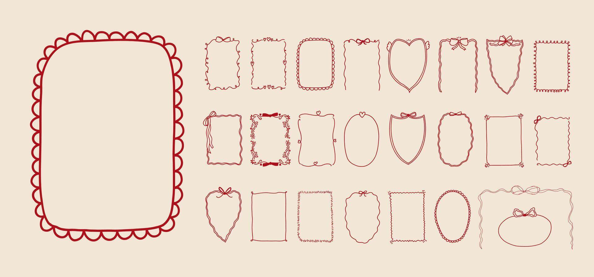 Set of doodle border ribbon bow frame design. Vintage line art corner sketch. Hand drawn coquette trendy cute wedding, menu, birthday invitation border card template outline illustration vector