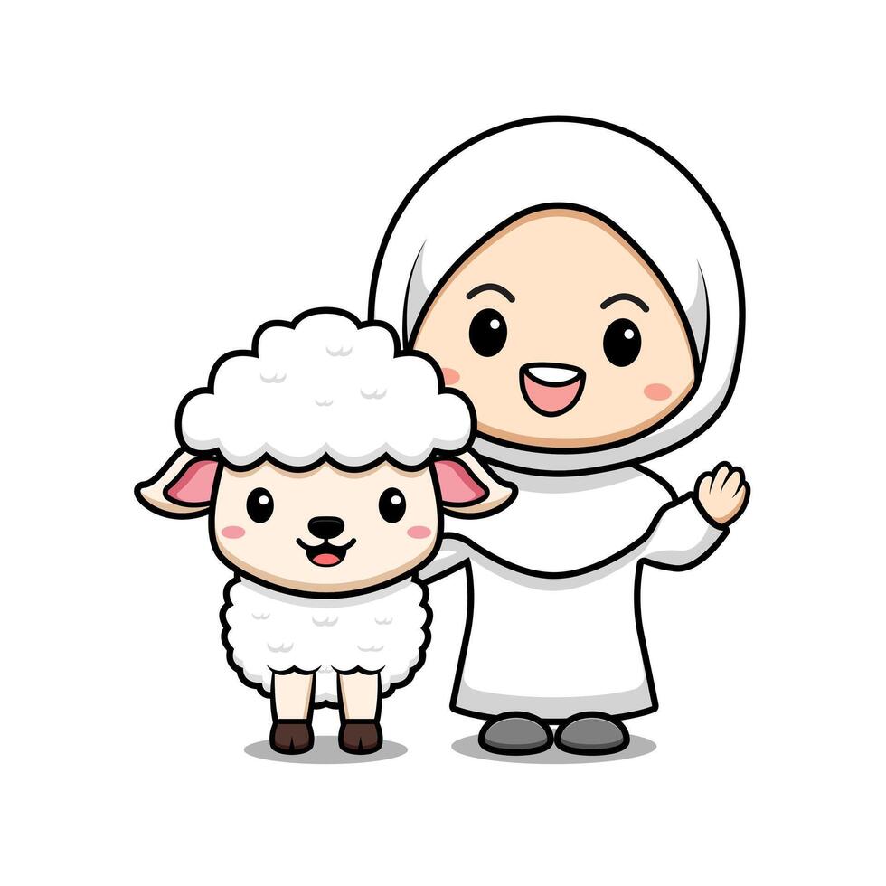 Cute Muslim Girl with Sheep Eid Al Adha Celebration Character Icon Illustration Suitable for Web Landing Page, Banner, Sticker, Card vector