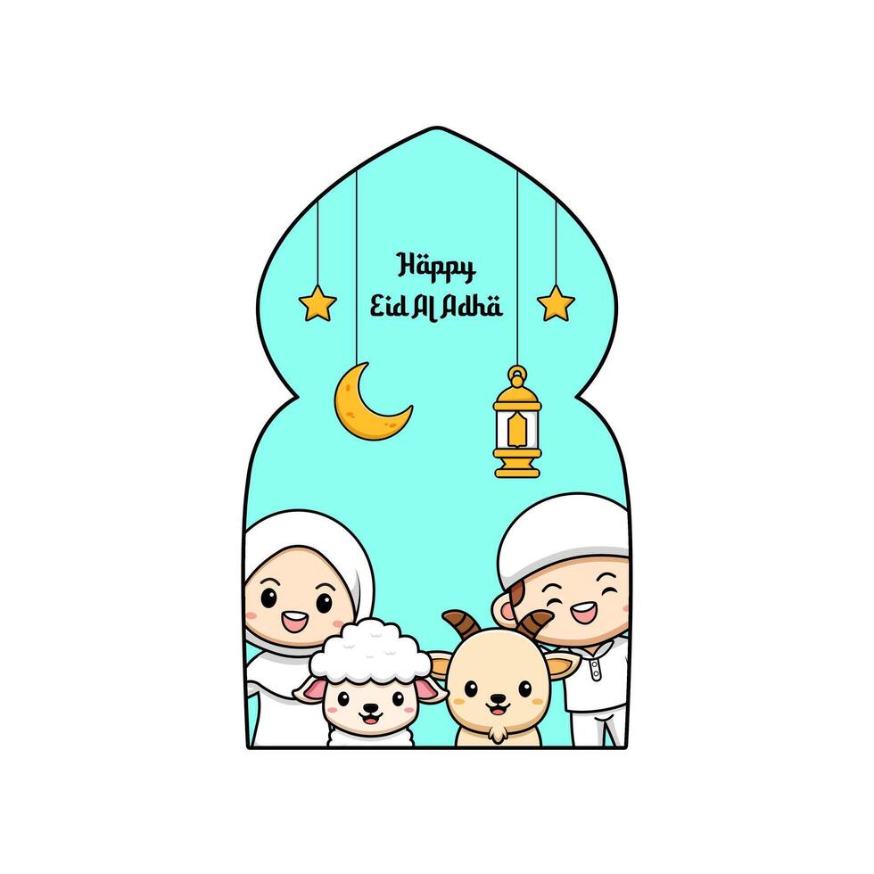 Eid Al Adha Family Greeting Card with Cut Muslim Goat and Sheep Character Icon Illustration vector