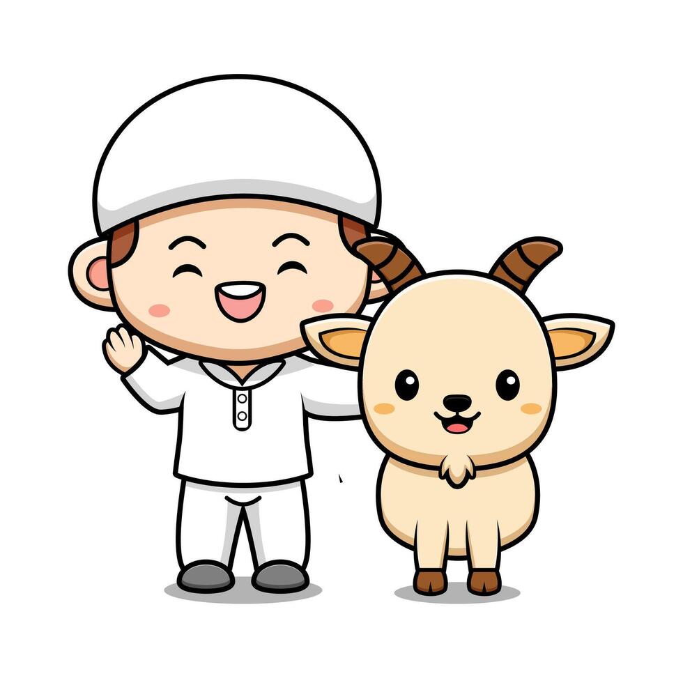 Cute Muslim Girl with Goat Eid Al Adha Celebration Character Icon Illustration Suitable for Web Landing Page, Banner, Sticker, Card vector