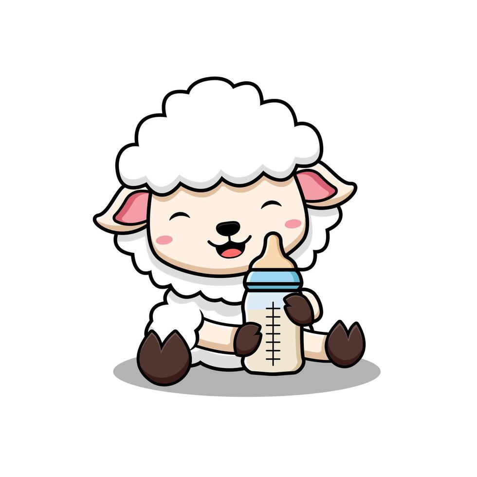 Cute Sheep Holding Baby Milk Bottle Animal Character Icon Illustration. Flat Cartoon Style Suitable for Web Landing Page, Banner, Sticker, Card vector