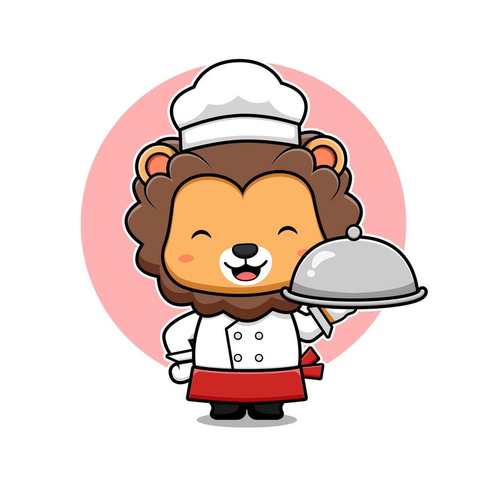 Cute Lion Chef Serving Food Mascot Animal Character Icon Illustration. Flat Cartoon Style Suitable for Web Landing Page, Banner, Sticker, Card vector