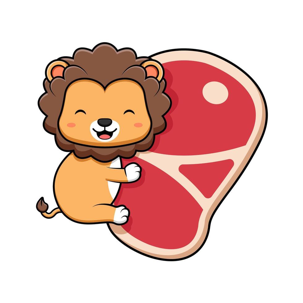 Cute Lion Hug Meat Mascot Animal Character Icon Illustration. Flat Cartoon Style Suitable for Web Landing Page, Banner, Sticker, Card vector