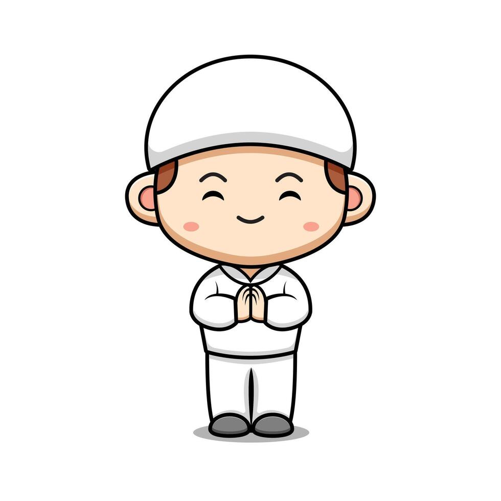 Cute Muslim Boy Greeting Character Icon Illustration. Flat Cartoon Style Suitable for Web Landing Page, Banner, Sticker, Card vector