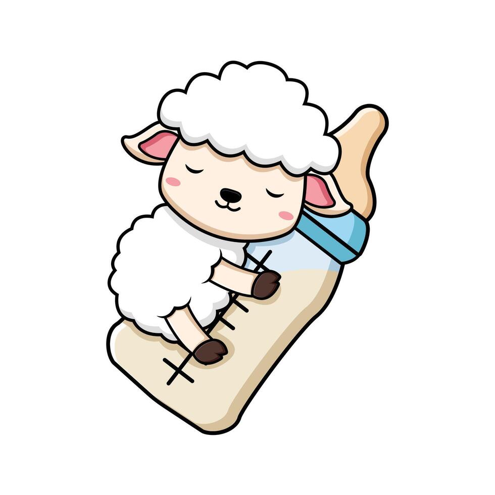 Cute Sheep Sleep on Baby Milk Bottle Animal Character Icon Illustration. Flat Cartoon Style Suitable for Web Landing Page, Banner, Sticker, Card vector