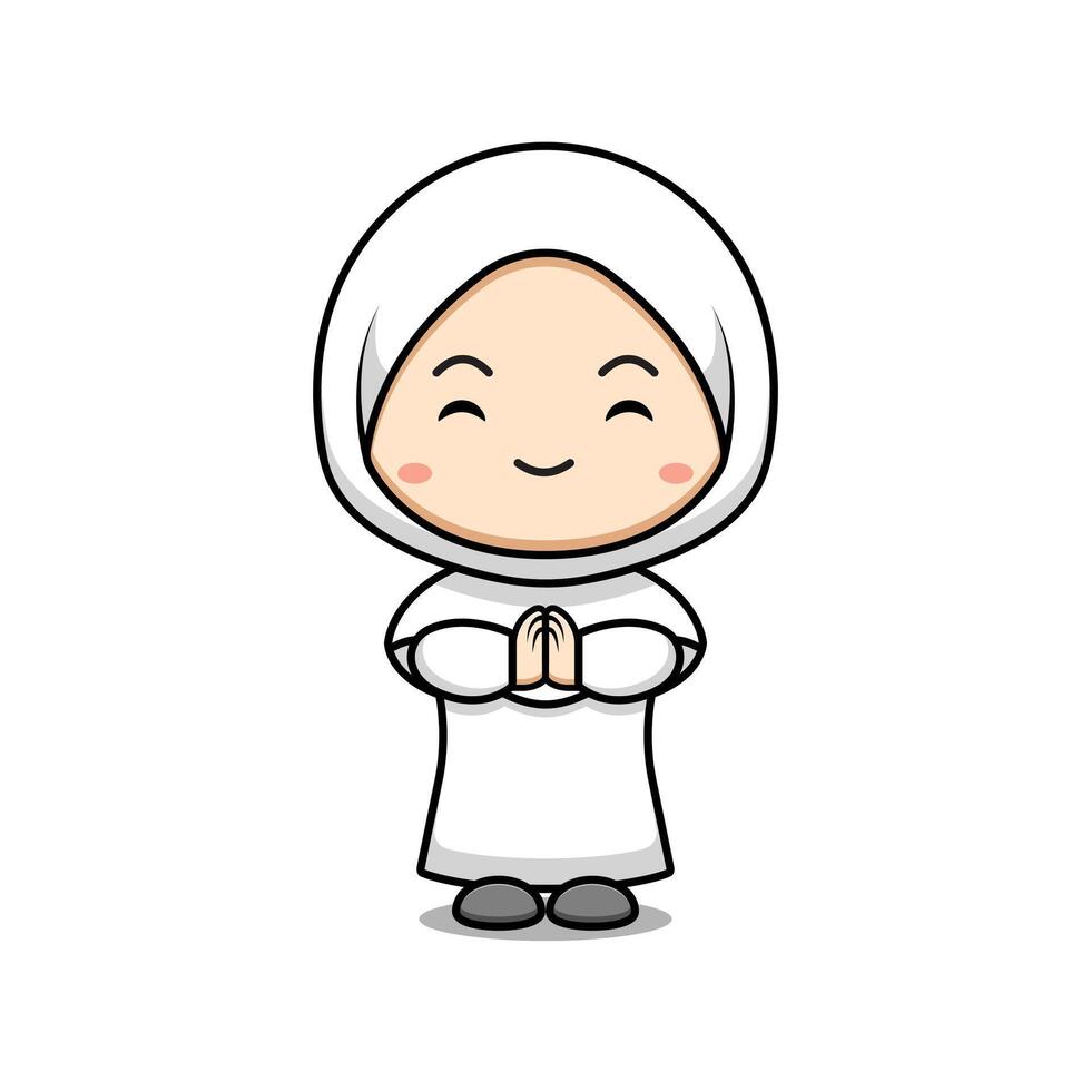 Cute Muslim Girl Greeting Character Icon Illustration. Flat Cartoon Style Suitable for Web Landing Page, Banner, Sticker, Card vector