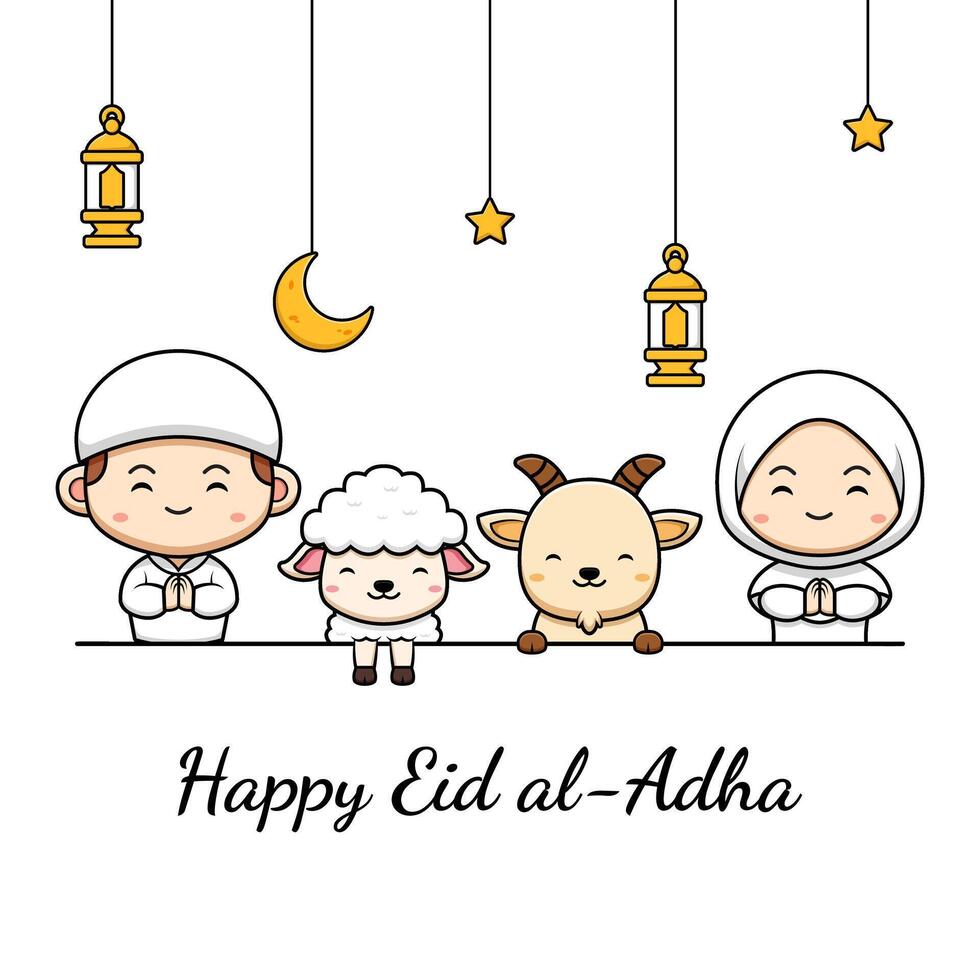 Eid Al Adha Celebration Greeting Card with Cut Muslim Goat and Sheep Character Icon Illustration vector