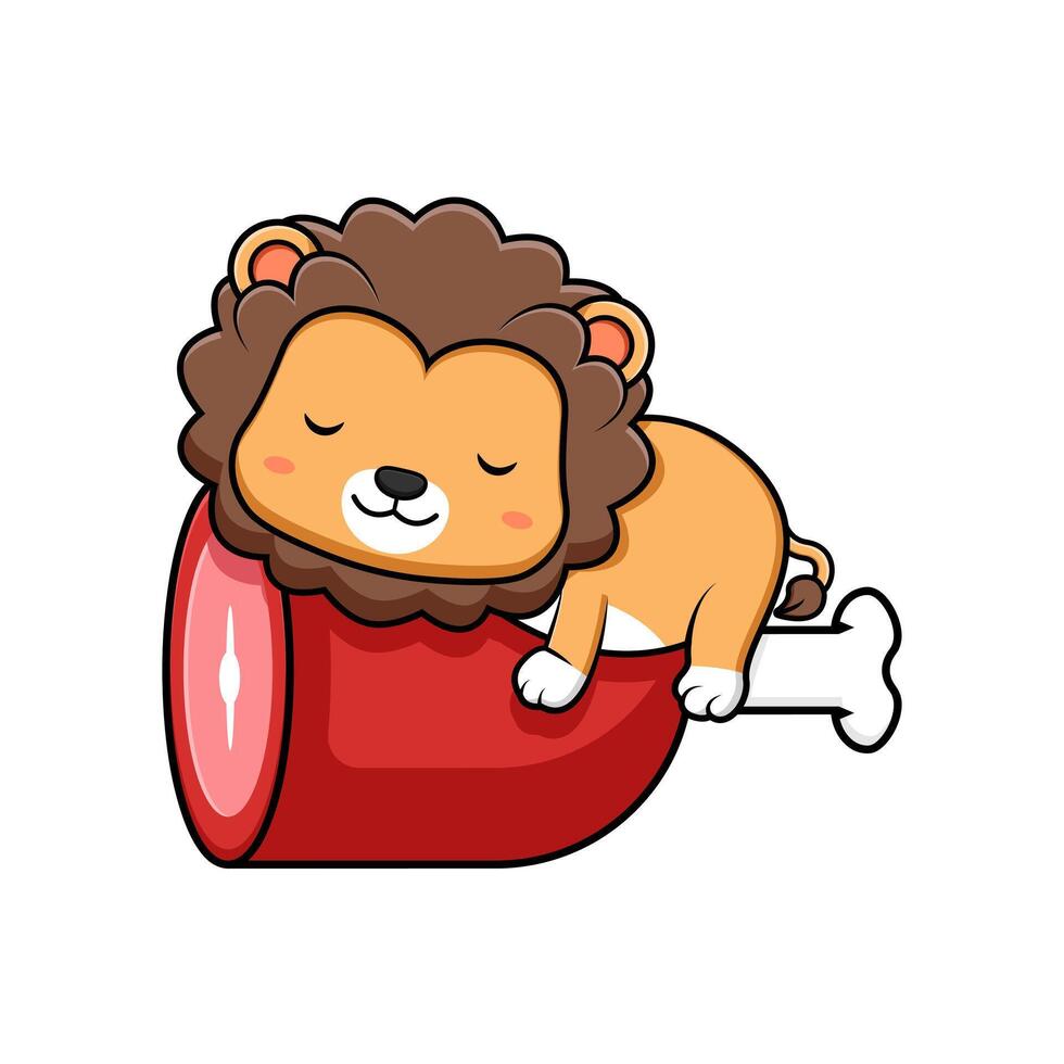 Cute Lion Sleep on Meat Mascot Animal Character Icon Illustration. Flat Cartoon Style Suitable for Web Landing Page, Banner, Sticker, Card vector