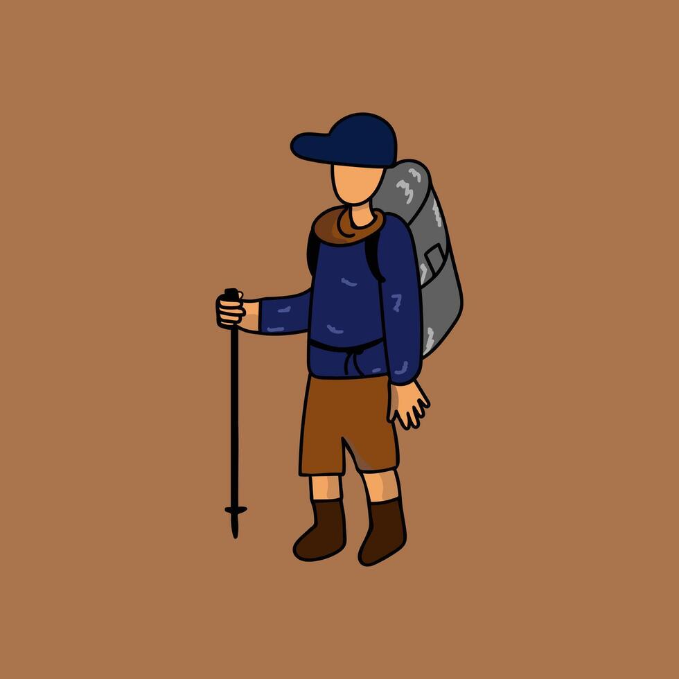 Hiking Climbing wearing a hat. climber with a backpack. mountain climber climber. Backpack climber. walking with the help of a hiking stick. vector
