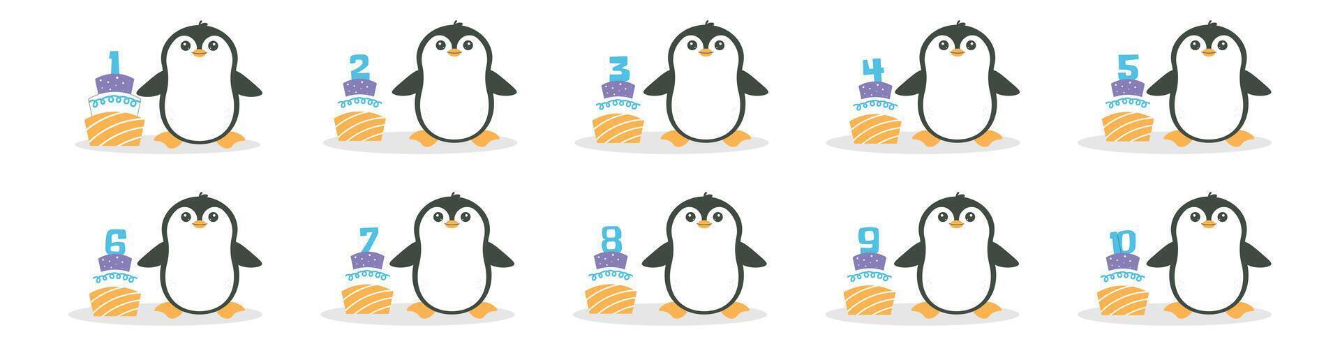 Cute penguin character and cake with number set. Beautiful elements for Kids Birthday Party invitation, greeting card, poster, event, prints and cake toppers design vector
