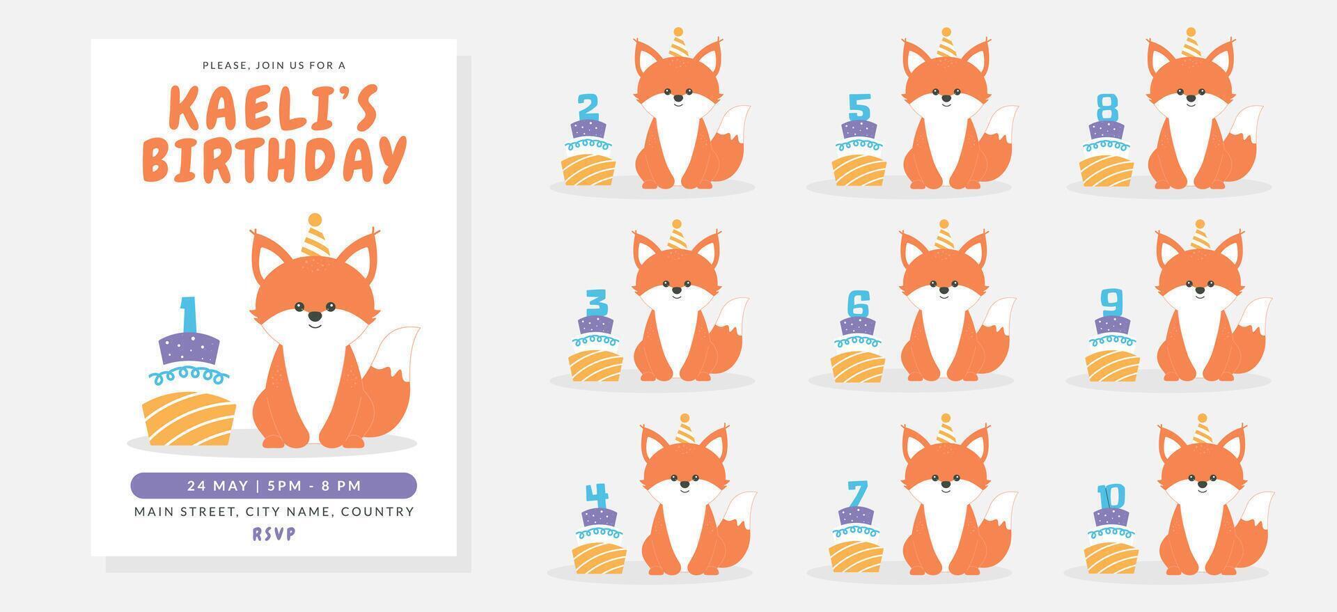 Greeting and invitation card for kids Birthday party. Cute baby fox, cake with numbers in flat childrens style. illustration, design for card, poster vector