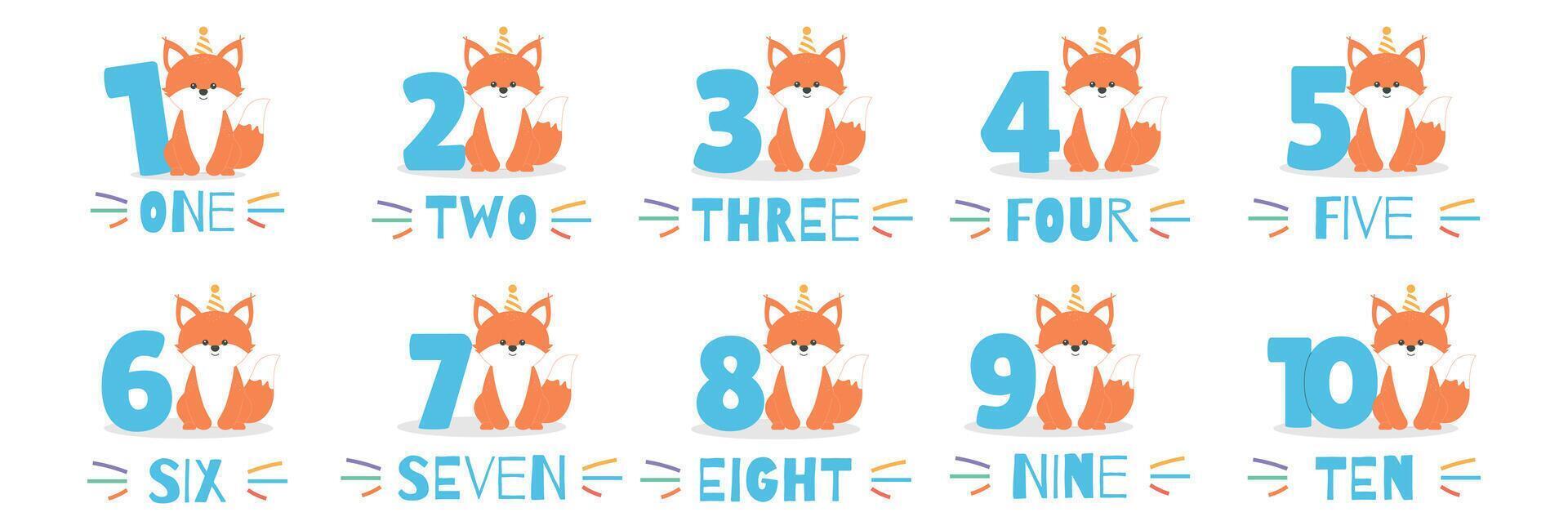 Cute baby fox character in hat and numbers from 1 before 10 set. Beautiful elements for Kids Birthday Party invitation, greeting card, poster, event, prints and cake toppers design vector