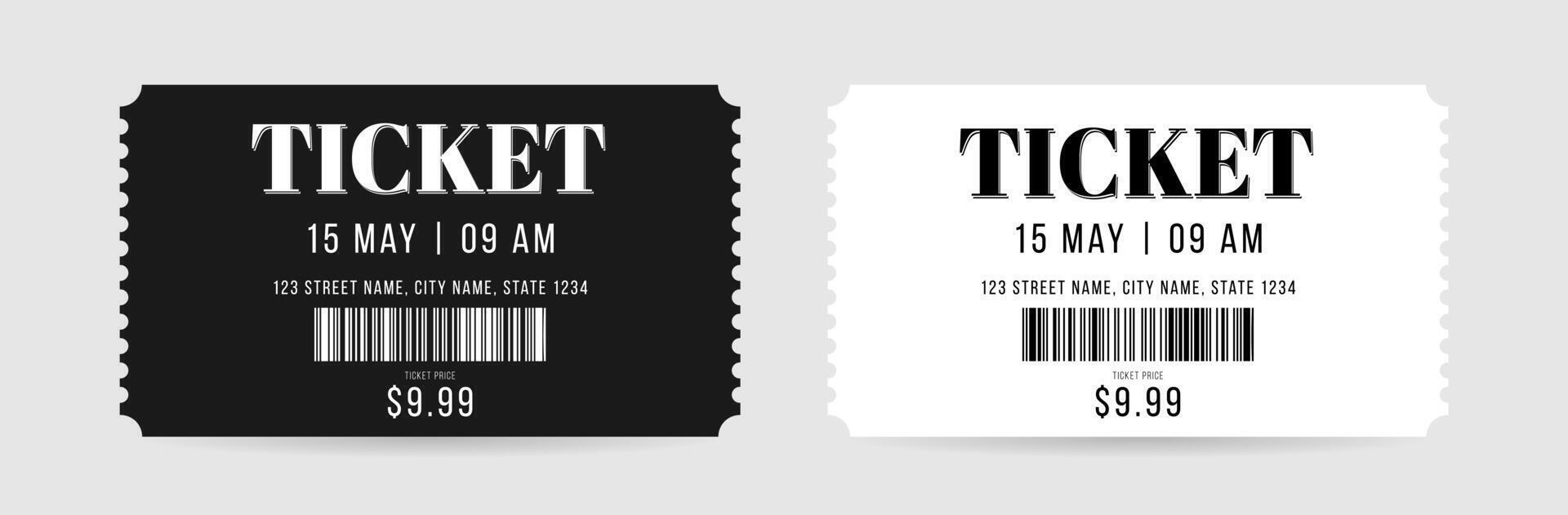 Classic set of entrance tickets. Black and white illustration isolated. Entry template for cinema, theater, show, amusement and more vector