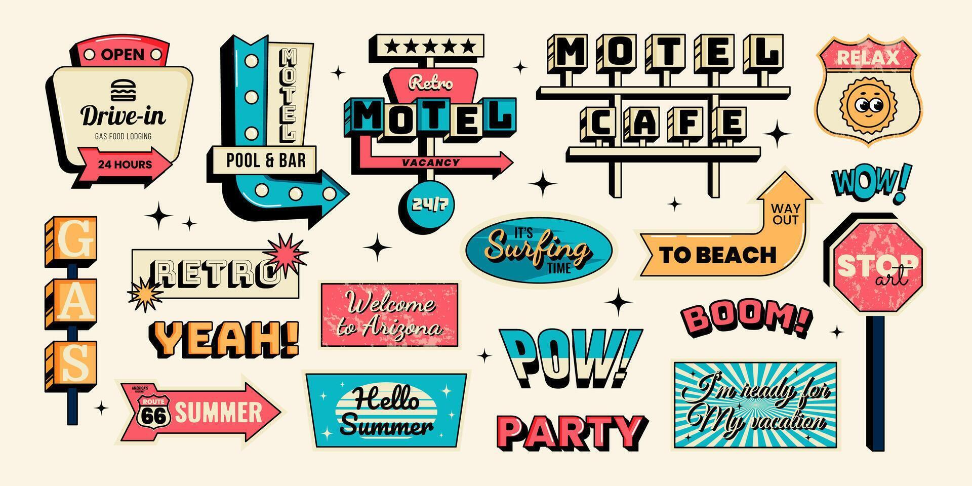 Retro sticker set. Motel signboards, direction signs, words, retro summer vibes and trip elements. illustration in vintage style vector