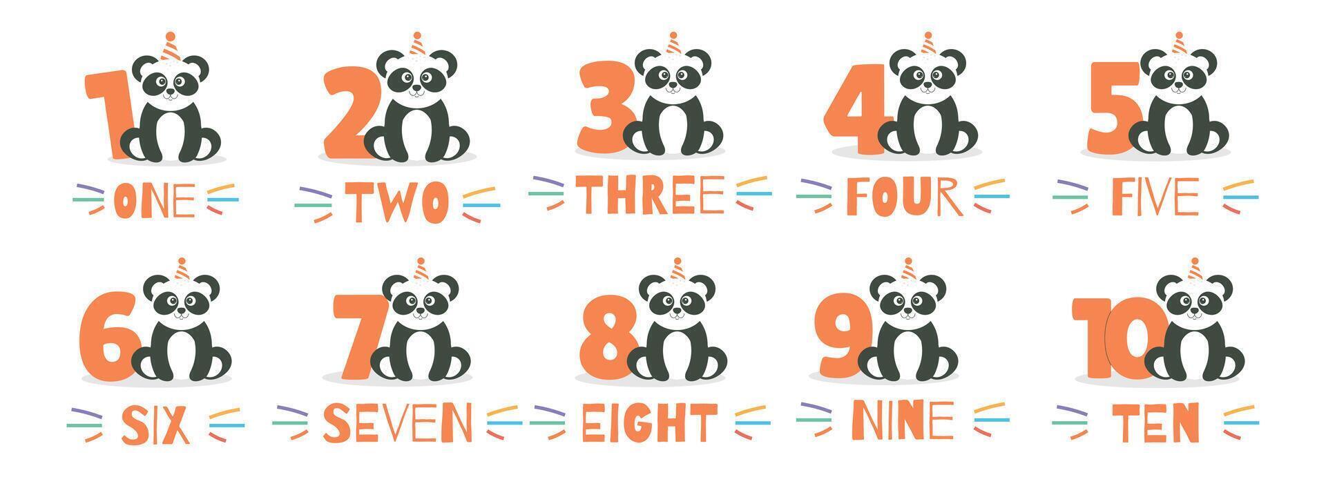 Cute panda character in hat and number from 1 before 10 set. Beautiful elements for Kids Birthday Party invitation, greeting card, poster, event, prints and cake toppers design vector