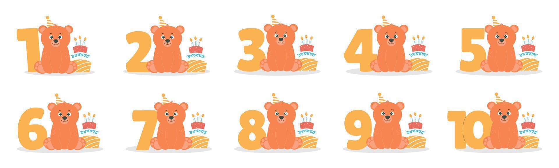 Cute bear character, cake with candles, number from 1 before 10 set. Beautiful elements for Kids Birthday Party invitation, greeting card, poster, event, prints and cake toppers design vector