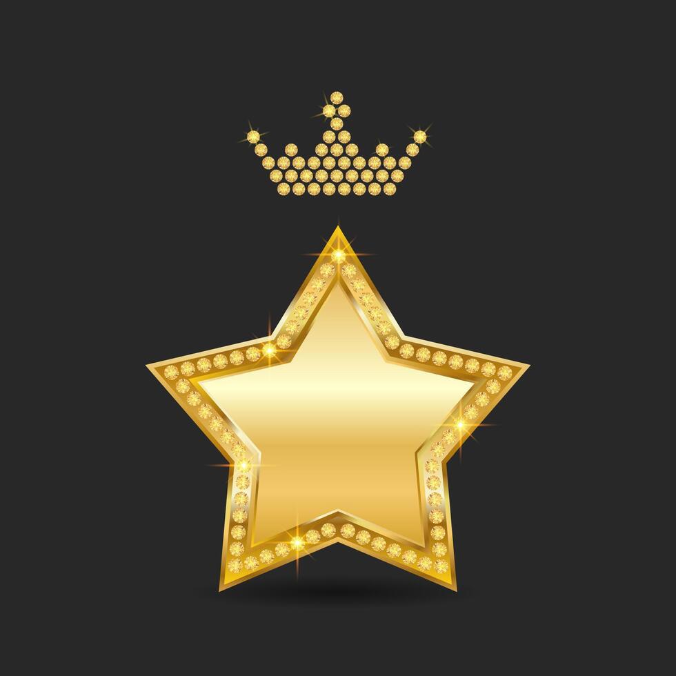 Golden five pointed star with diamonds and crown. illustration isolated on black background vector