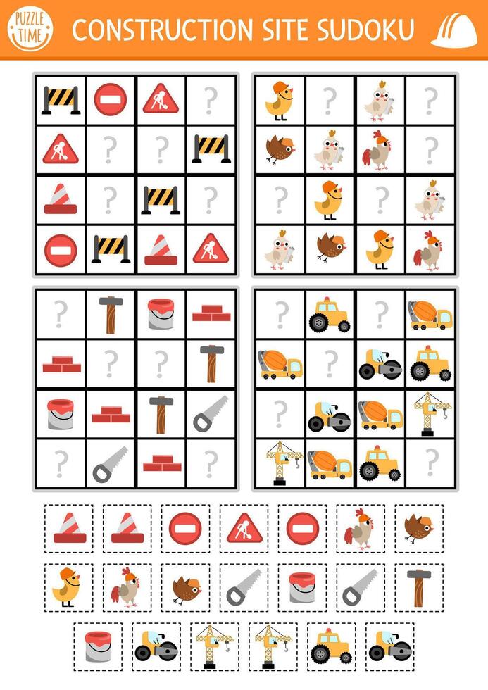 construction site sudoku puzzle for kids with pictures. Simple building works quiz with cut and glue element. Education activity or coloring page with vehicle, worker, tool. Draw missing object vector