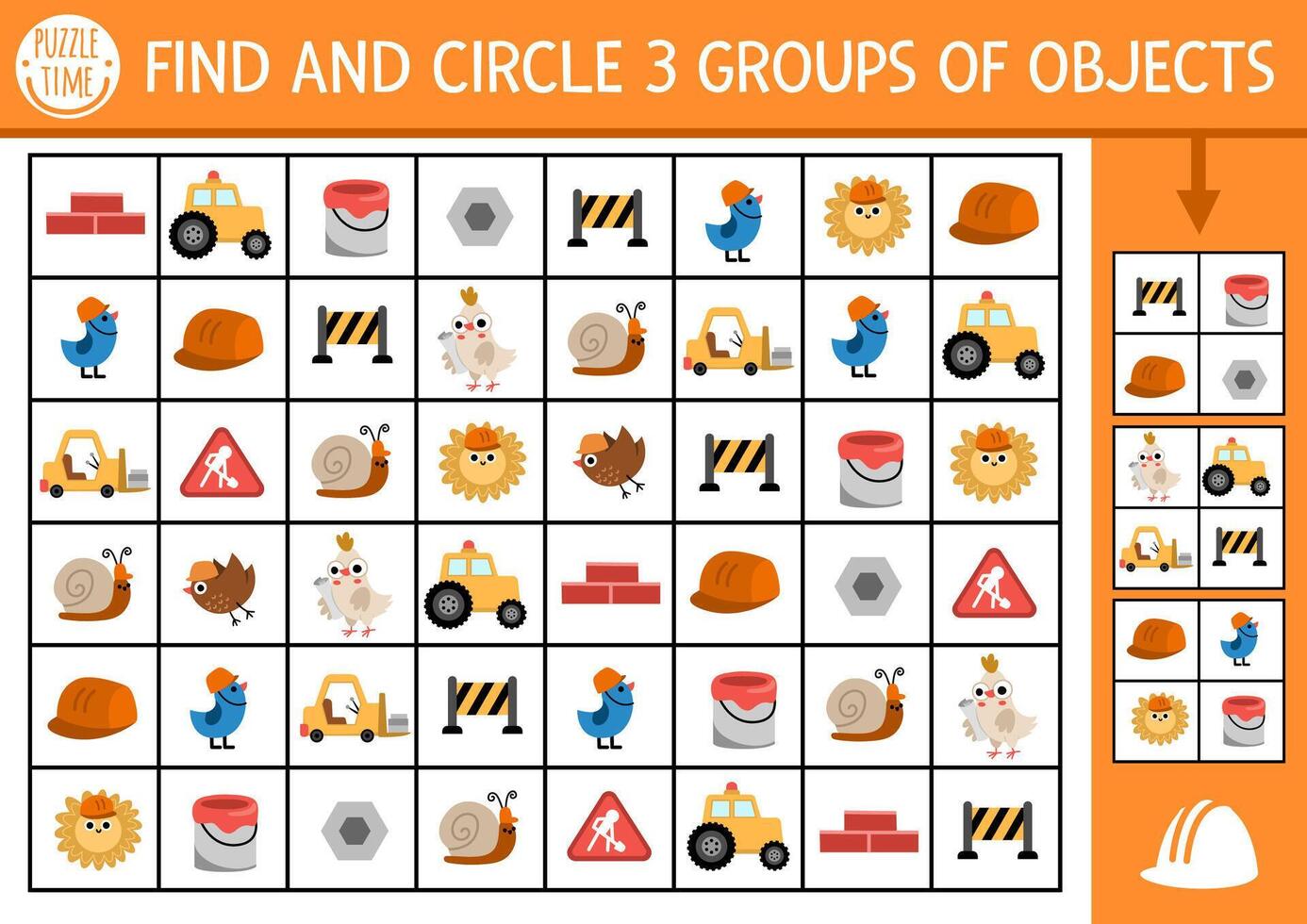Construction site seek and find game. Attention skills training puzzle with workers, tools, signs, vehicles. Building works printable activity or searching puzzle for kids. Find groups of objects vector