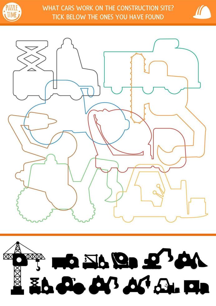 Construction site shadow, shape and line recognition activity with industrial vehicles. Building works puzzle with colored truck contours. Find correct silhouette printable worksheet, game for kids vector