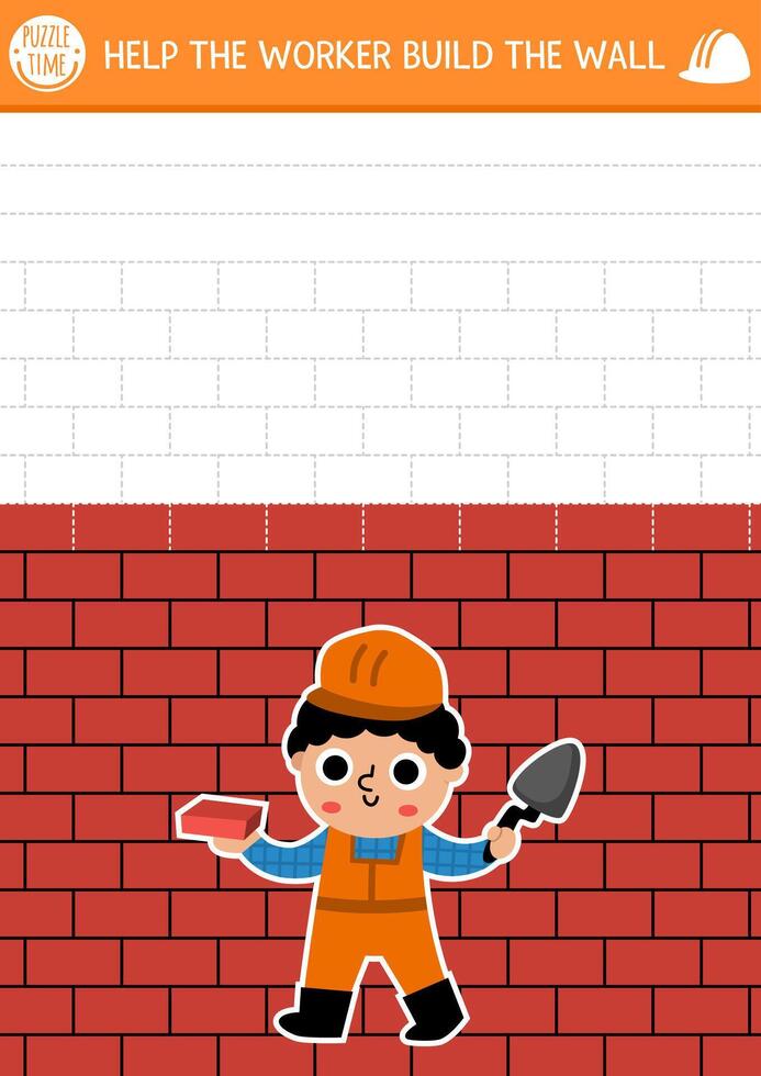 Construction site drawing and writing practice activity with builder. Building works puzzle. Printable worksheet, game for kids with rectangle shape tracing grid. Help the worker build brick wall vector