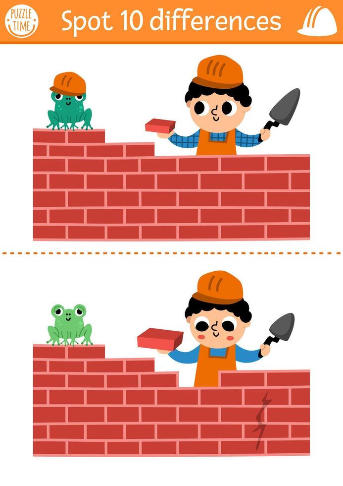 Find differences game for children. Construction site educational activity with boy building brick wall. Cute puzzle for kids with funny worker. Printable worksheet or page for logic and attention vector